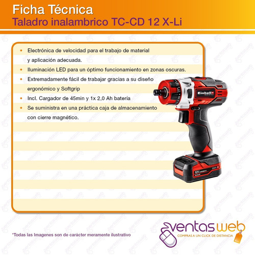 Imagen 6 de 7 de Taladro Atornillador Inalambrico Einhell Kit Bateria 12v 2ah