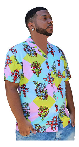 Camisa Verão Estampada De Botão Masculina 100% Viscose Leve