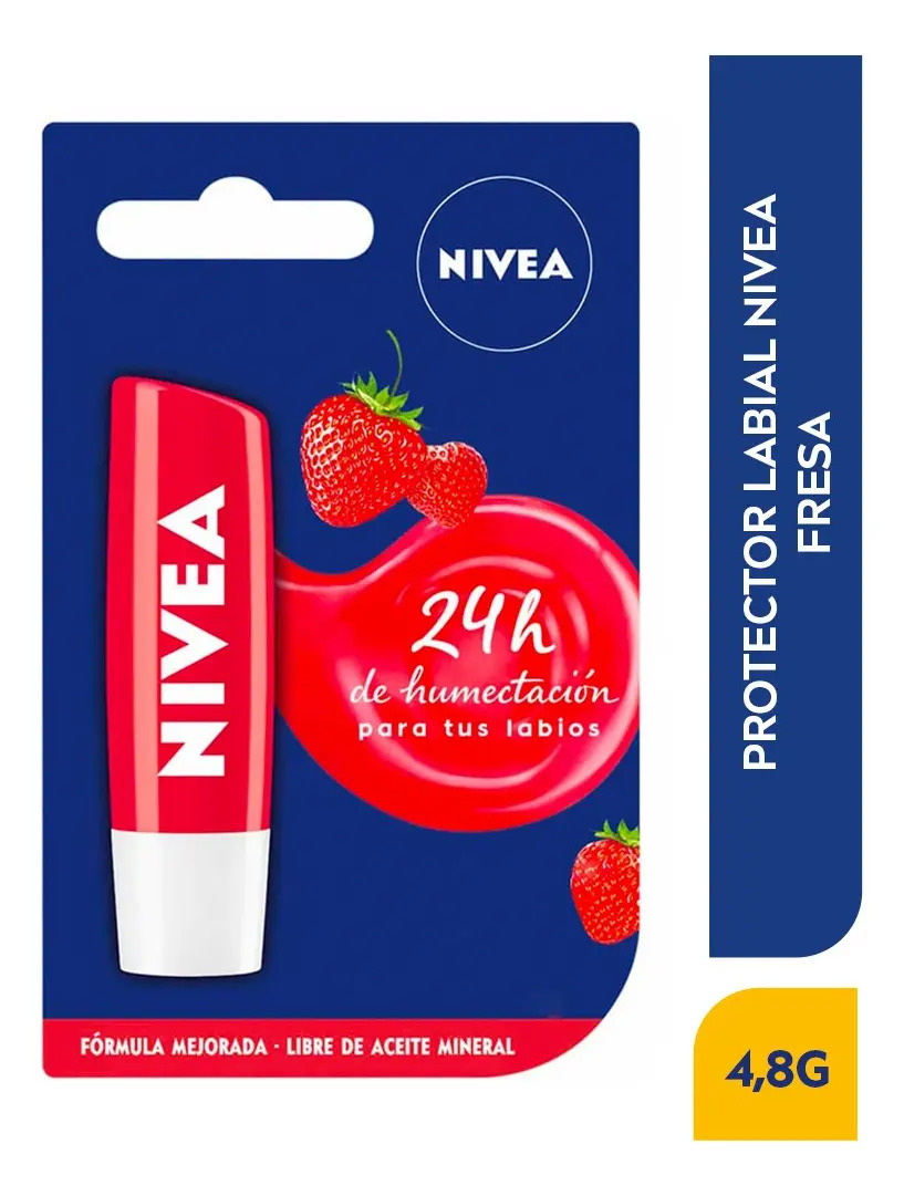 NIVEA Bálsamo Labial Fresa Shine 4,8g, BBB 26, Hidratación Intensa 24h, Color Suave, Brillo Delicado, Cuidado Diario, Manteca de Karité