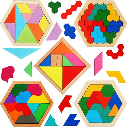 ~? 5 Pack Rompecabezas Hexagonal De Madera Para Niños Patrón