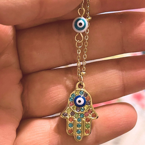 Imagen 7 de 8 de Ojo Turco Mano De Fatima Dije Collar Mujer Protección Acero