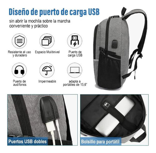 Mochila Laptop 15.6 Antirrobo Impermeable, Usb Audífonos