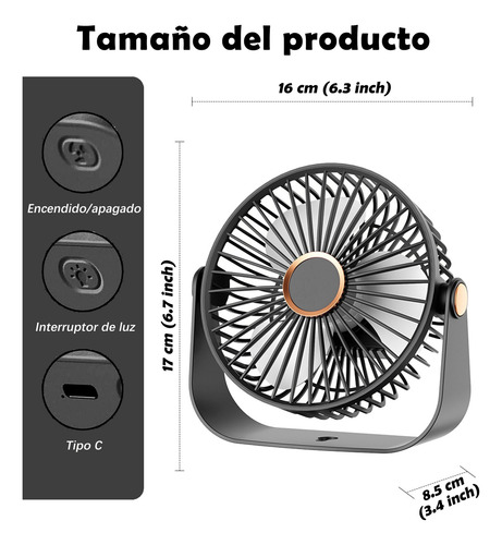 Ventilador De Escritorio Recargable Con Luz Nocturna Usb 16 Cm Negro
