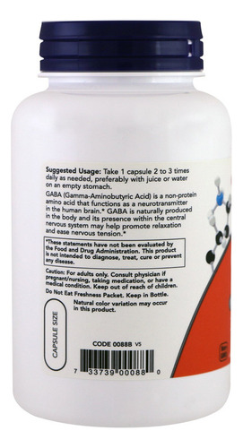 Now Suplemento S, Gaba (ácido Gamma-aminobutírico) 500 Mg +