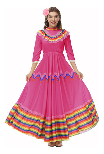 Vestido Largo Mexicana De Fiesta Manga Larga Cuello Redondo