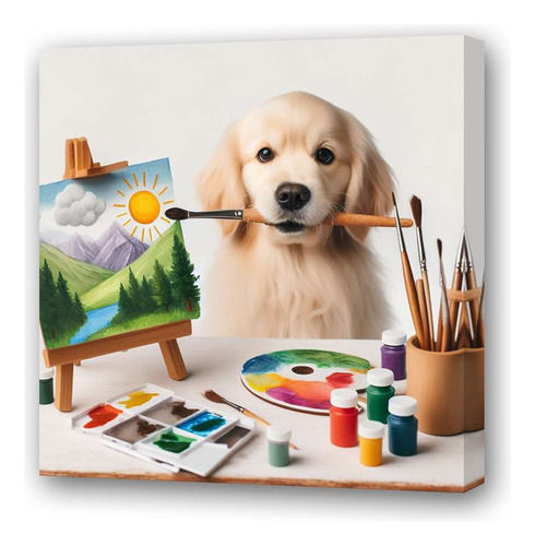 Cuadro 45x45cm Perro Golden Artista Pintando Pintura