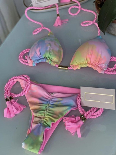 Conjunto De Bikini Tanga Traje De Baño De Color Azul Mujer T