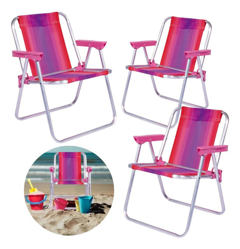 3 Cadeiras De Praia Infantil Alta Dobravel Em Aluminio Rosa