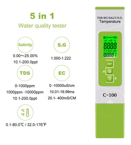 Salinómetro 5 En 1 Salinidad, Graved, Conducti, Tds, Temp