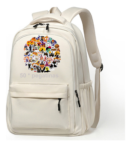 Mochila De Gran Capacidad Moda Impermeable Mochila Escolar Viaje Bolsa Con Compartimento Para Laptop 24l Color Blanco Con Pegatinas De Dibujos Animado