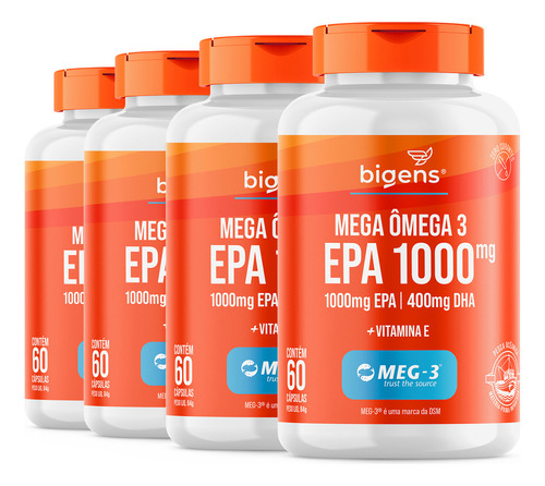 Kit 4x Mega Omega 3 Epa 1000mg, Cert. Meg-3 ® 60cps, Bigens Sabor Neutro