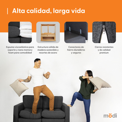 Sofá Sala Seccional Modular 3 Plazas + Otomano + Pillow Pack Gris Oscuro Liso