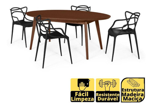 Mesa De Jantar Oval Vértice Nozes 190cm + 4 Cadeiras Allegra Cor Preto