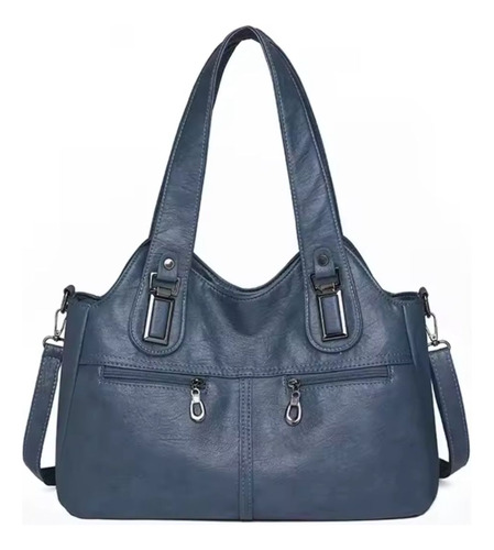 Cartera Bolso De Mujer Grande Estilo Básico De Eco Cuero Azul Liso Cromados Azul