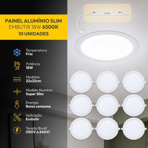 Kit 10 Painel Led Plafon Aluminio Embutir 18w 6500K Branco Frio 22cm Redondo Cod: ALUT001983-10 Alut By Avant