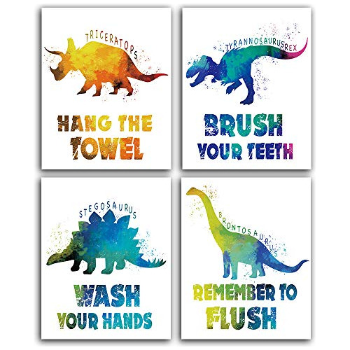 Láminas De Dinosaurios Acuareladas, Set De 4, Baño In...