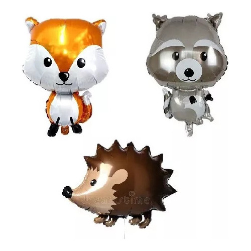 Combo 3 Globos Animales Bosque Mapache Zorro Erizo Metalizad