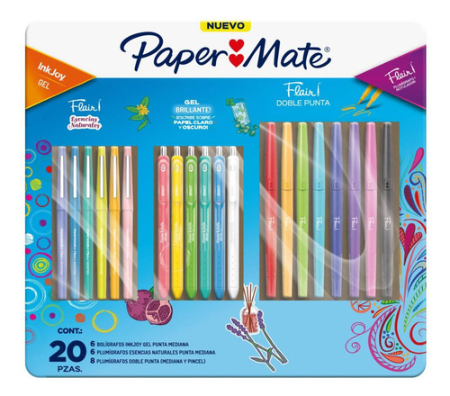 Paper Mate Kit 20 Ink Joy Gel Y Flair Doble Punta Agua