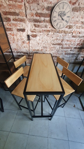 Mesa Barra Desayunador Industrial 120x40 + 4 Taburetes 36x36