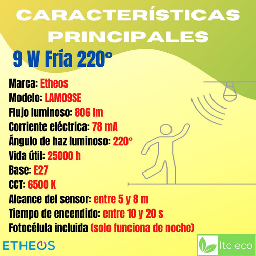 Imagen 2 de 9 de Lampara Foco Led 9w Luz Fria Sensor Movimiento Fotocel220v