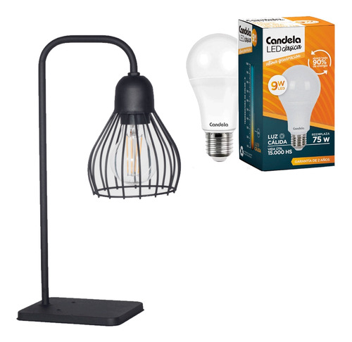 Combo Lampara Velador Ferrolux + Lámpara Led Cálida 9w E-27