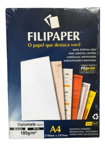 Papel Diplomata Branco A4 180g C/50 Fls Filipaper P/certific