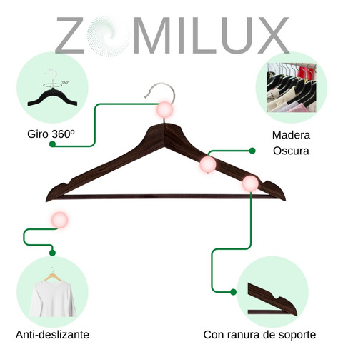 40 Ganchos de madera antideslizante para ropa Zomilux Color Caoba