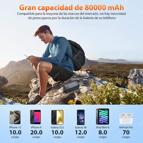 Power Bank 80000mah Portátil Batería Pila 150w Carga Rápida Con Cables Integrados Zuszox, Banco De Energía Solar De Carga Con 7 Salidas Y 3 Entradas, Compatible Para Teléfonos Inteligentes,tabletas