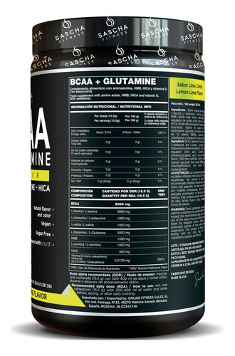 Sascha Fitness Bcaa + Glutamina, Hmb, L Carnitina, Hica Limón
