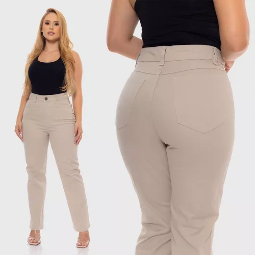 Calça Feminina Sarja Slouchy Caqui Verão Disfarça Barriga