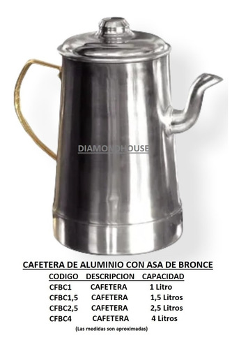 Cafetera De Aluminio Con Asa De Bronce 1,5 Litros