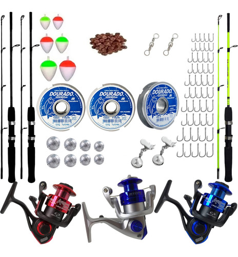 Kit Pesca Molinete 3 Rolamento C/ Vara 1,20m