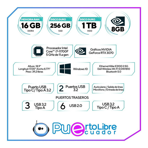 Imagen 3 de 10 de Cpu Dell Alienware Cor I7 11va 16gb + 256ssd + 1tb + Rtx 8gb
