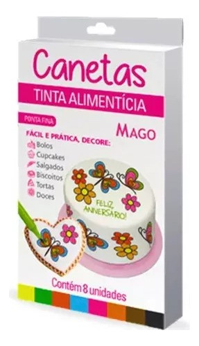 Caneta Tinta Alimentícia Ponta Fina 8 Uni Recarregável Mago