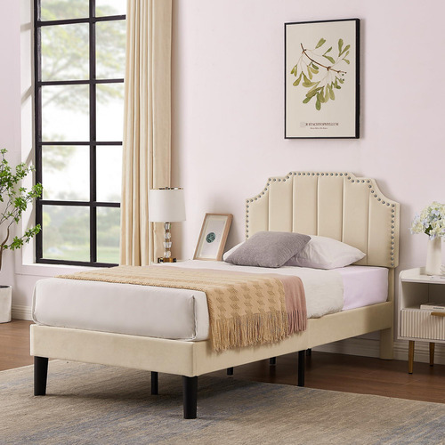 Base De Cama Tapizada Individual Con Cabecera Ajustable Beig