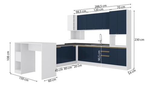 Cozinha De Canto Modulada Celeste Kappesberg 100% Mdf Azul