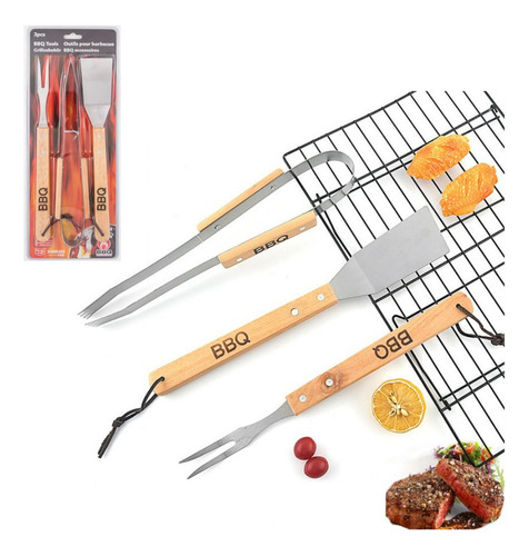 Kit 3 Pcs Bbq Premium Para Cocción De Asado Barbacoa