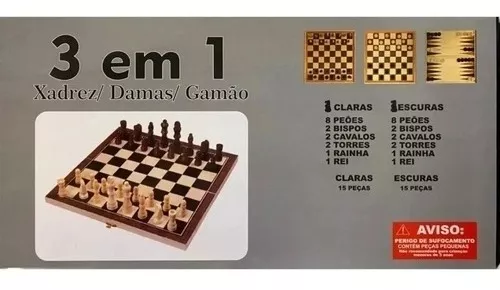 Jogo Xadrez Dama Gamao Madeira Tabuleiro 3 em 1 29X29cm