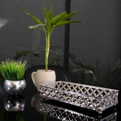 Bandeja Decorativa Retangular Metal Prata Com Espelho 5x24cm