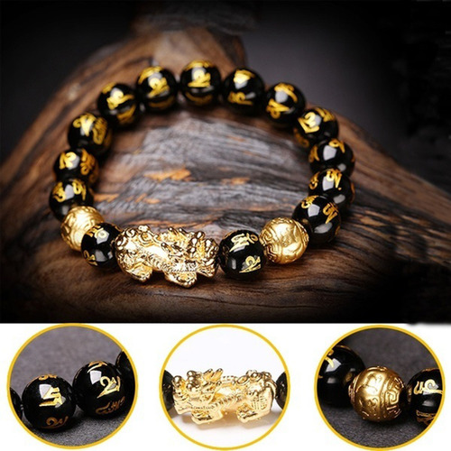 Pulsera Chinese Fortune Lucky, cuentas de resina negras