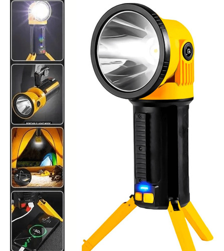 Lanterna Holofote Potente Recarregável 2800 Lúmens + Tripé Cor da lanterna Amarelo Cor da luz Branco