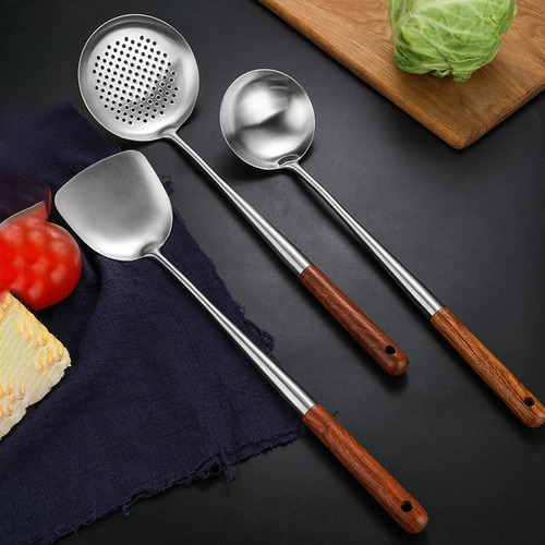 W Wok Espátula Cucharón Skimmer Práctico Mango De Madera