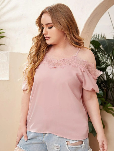 Blusa Rosa Encaje De Hombros Descubiertos, Tallas Extras 2xl