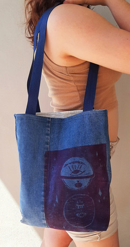 Bolso Tote Bag De Jean Reciclado Con Diseño Grabado 