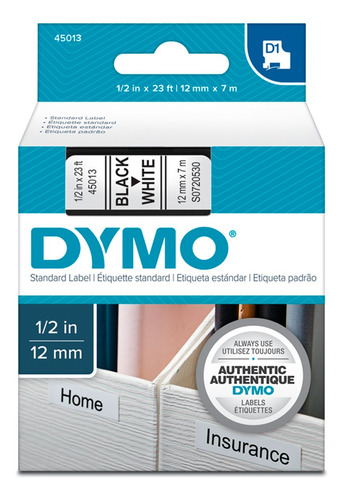 Cinta D1 Dymo Negro / Blanco - 12mm X 7mt