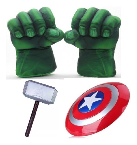 Escudo Capitán América C/ Luz + Martillo Thor+ 2 Puños Hulk