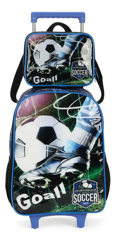 Mochila Rodinhas Com Lancheira Futebol Bola Preto Luxcel Cor Estampado