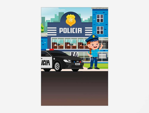 Painel Festa Vertical 1,50x2,20 Menina Carro Polícia Cute 06