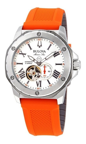 Reloj pulsera Bulova 98A22 con correa de silicona color naranja - fondo blanco - bisel plata