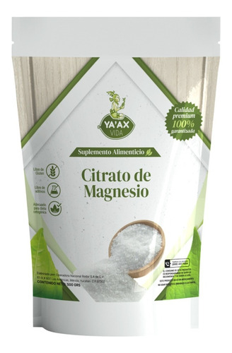 Citrato De Magnesio 500 Grs Polvo Ya'ax Vida 100% Puro